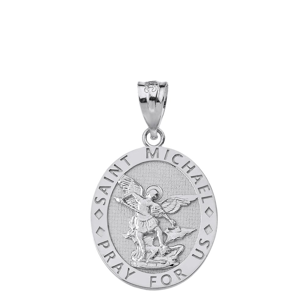 10k White Gold Oval Engraved Archangel Saint Michael Pray For Us Medal Pendant