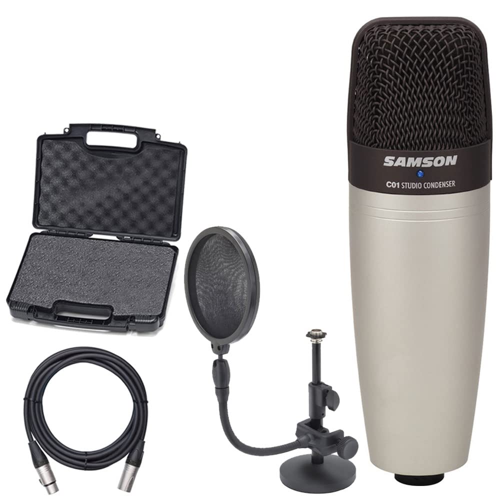 Samson C01 Large Diaphragm Condenser Microphone with Mic Stand, Pop Filter, and XLR Mic Cable Studio Recording Bundle