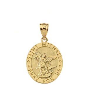 14k Gold Oval Engraved Archangel Saint Michael Pray For Us Medal Pendant