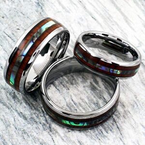 King's Cross Personalized Engraved Elegant 6mm/8mm Silver Tungsten Wedding Band w/Beautiful Koa Wood & Abalone Inlays (tungsten (8mm), 12.5)