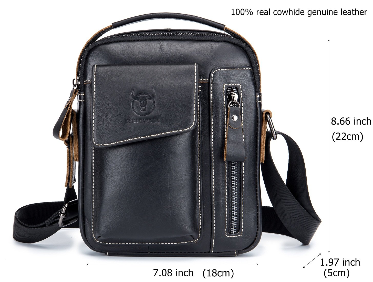 BULLCAPTAIN Genuine Leather Men Bags Small Shoulder Crossbody Bag for Men Everyday Casual Travel Messenger Bag Handbag (black)