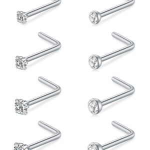 MODRSA Nose Studs for Women Men Silver Nose Ring Studs 18 gauge L Shaped Nose Screw Stainless Steel Diamond Nostril Piercing Stud