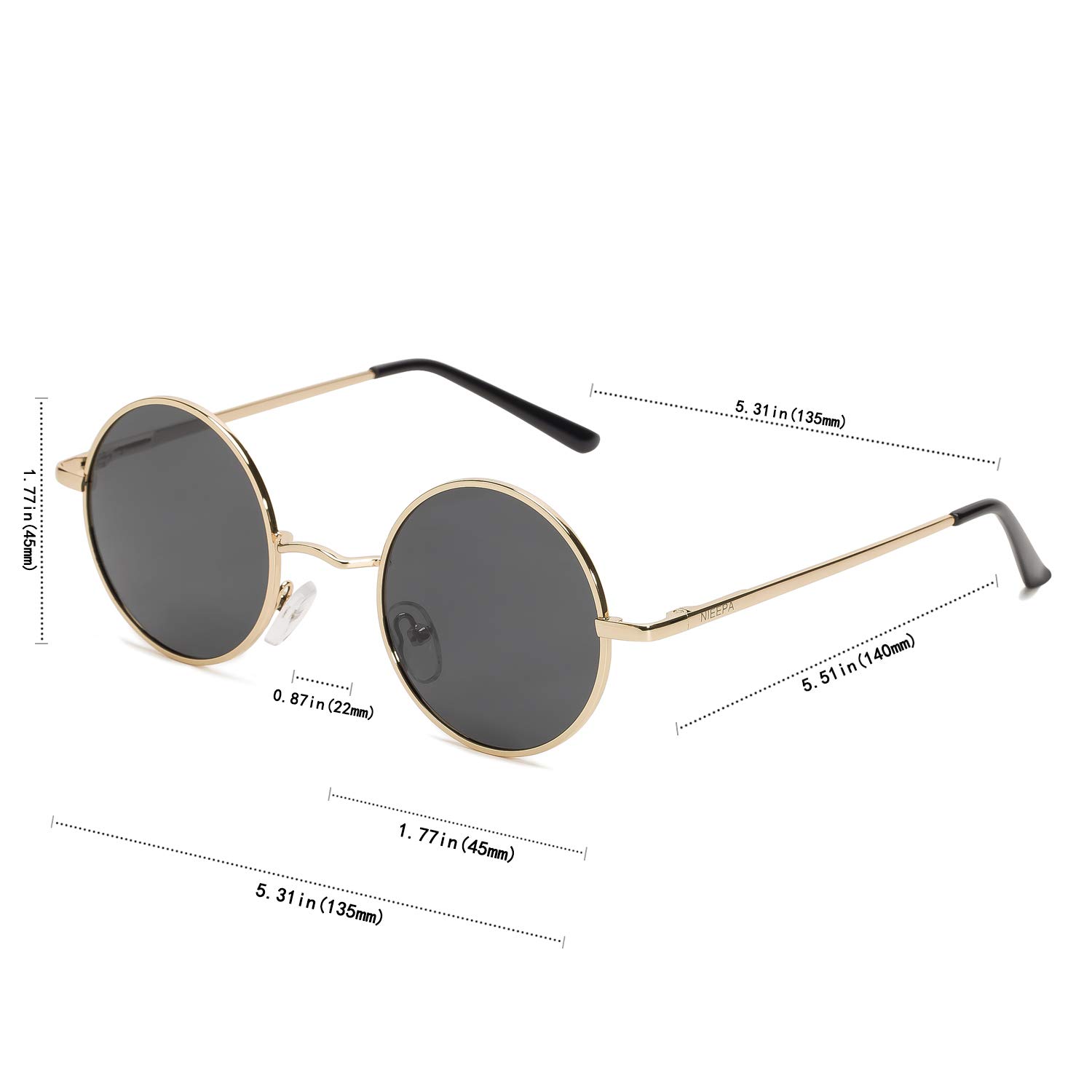 NIEEPA Vintage Round Polarized Hippie Sunglasses Small Circle Metal Driving Sun Glasses (Grey Lens/Gold Frame)