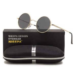 NIEEPA Vintage Round Polarized Hippie Sunglasses Small Circle Metal Driving Sun Glasses (Grey Lens/Gold Frame)