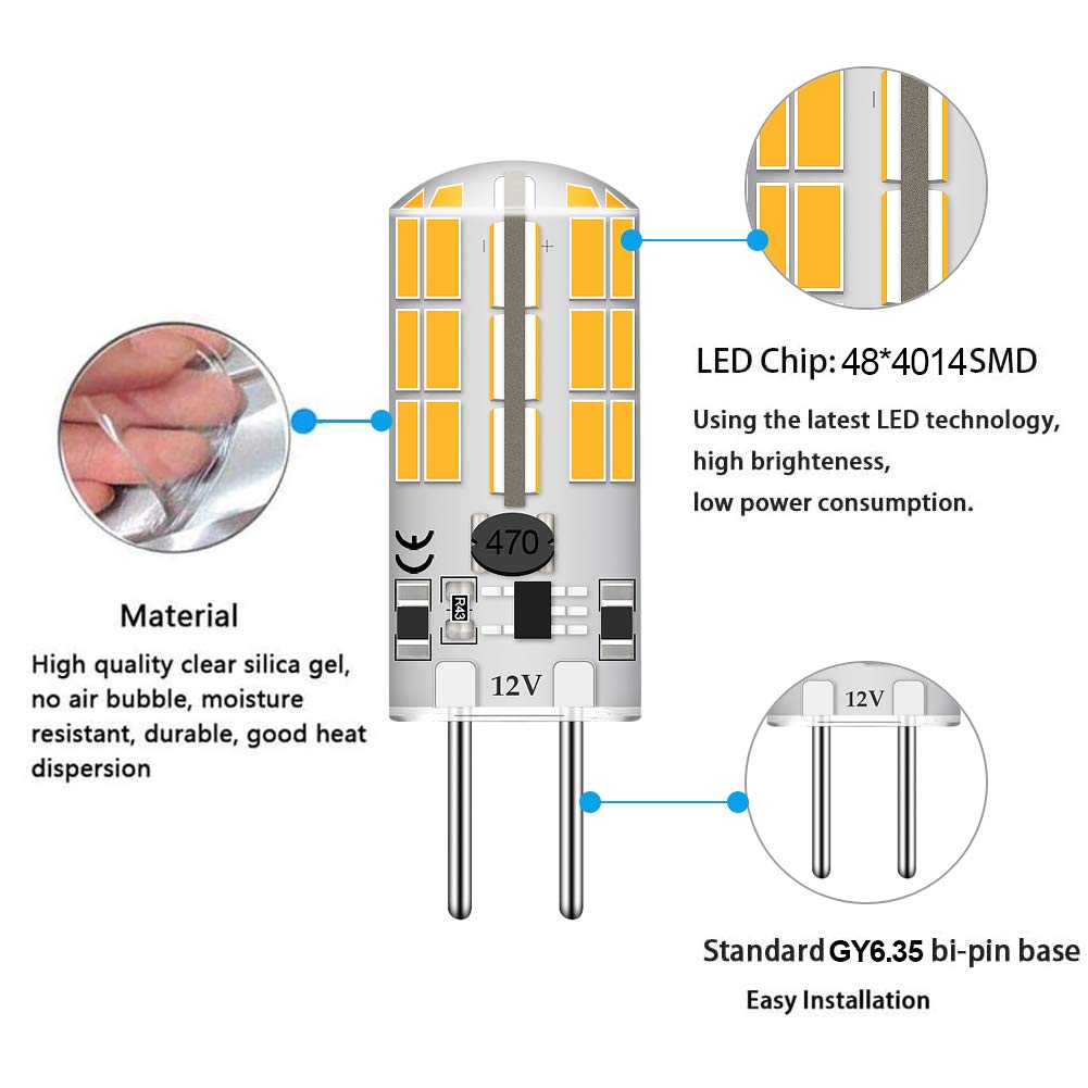 GY6.35 G6.35 Bi-pin Base LED Bulb 4Watt AC DC 12V Silica Gel Crystal Warm White 2700k-3000K Landscape Lighting,JC Type, Equivalent 25W- 30W Q35/CL/T4 Halogen Bulbs (5-Pack)