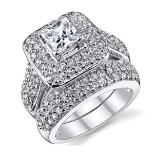 Double Fair 2 Piece Wedding Ring for Women 1 Carat Princess Cut Cubic Zirconia Engagement Promise Bridal silver Band Fashion Cute White Gold Plated Ring Set Gift Jewelry