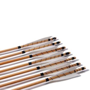 PG1ARCHERY Archery Hunting Arrows, 12 Pack Traditional Target Wooden Arrow 5" Turkey Feathers Fletching with Vintage Broadheads Tips White