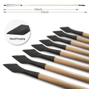 PG1ARCHERY Archery Hunting Arrows, 12 Pack Traditional Target Wooden Arrow 5" Turkey Feathers Fletching with Vintage Broadheads Tips White