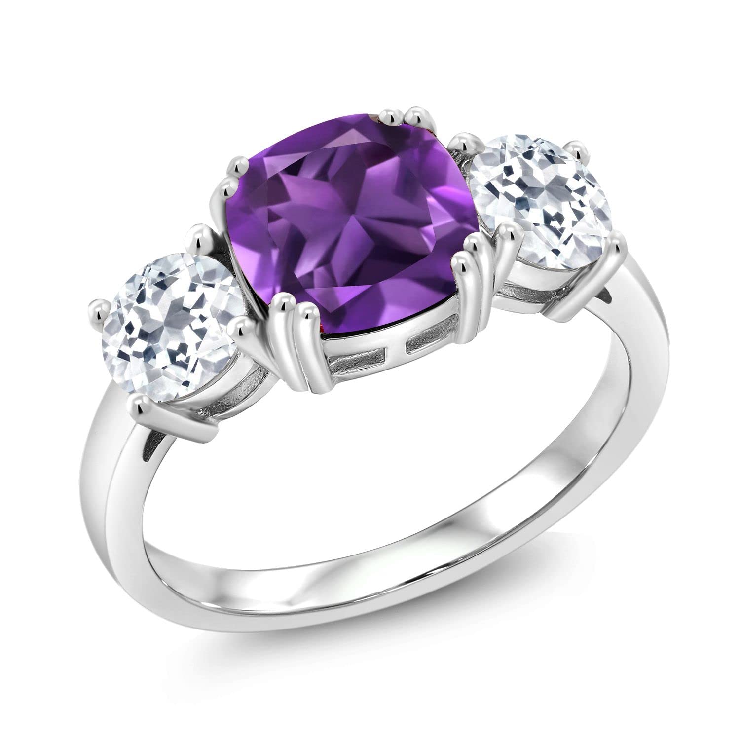 Gem Stone King 925 Sterling Silver Purple Amethyst and White Topaz 3 Stone Engagement Ring For Women (3.30 Cttw, Gemstone February Birthstone, Cushion 8MM, Size 9)