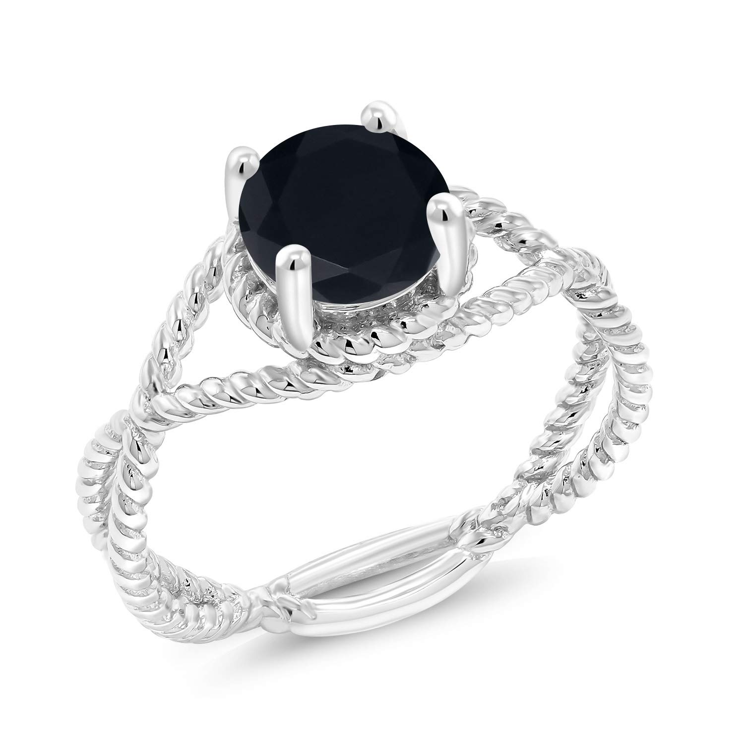 Gem Stone King 925 Sterling Silver Black Onyx Rope Designed Ring For Women (1.28 Cttw, Round 7MM, Gemstone Birthstone, Available In Size 5, 6, 7, 8, 9)