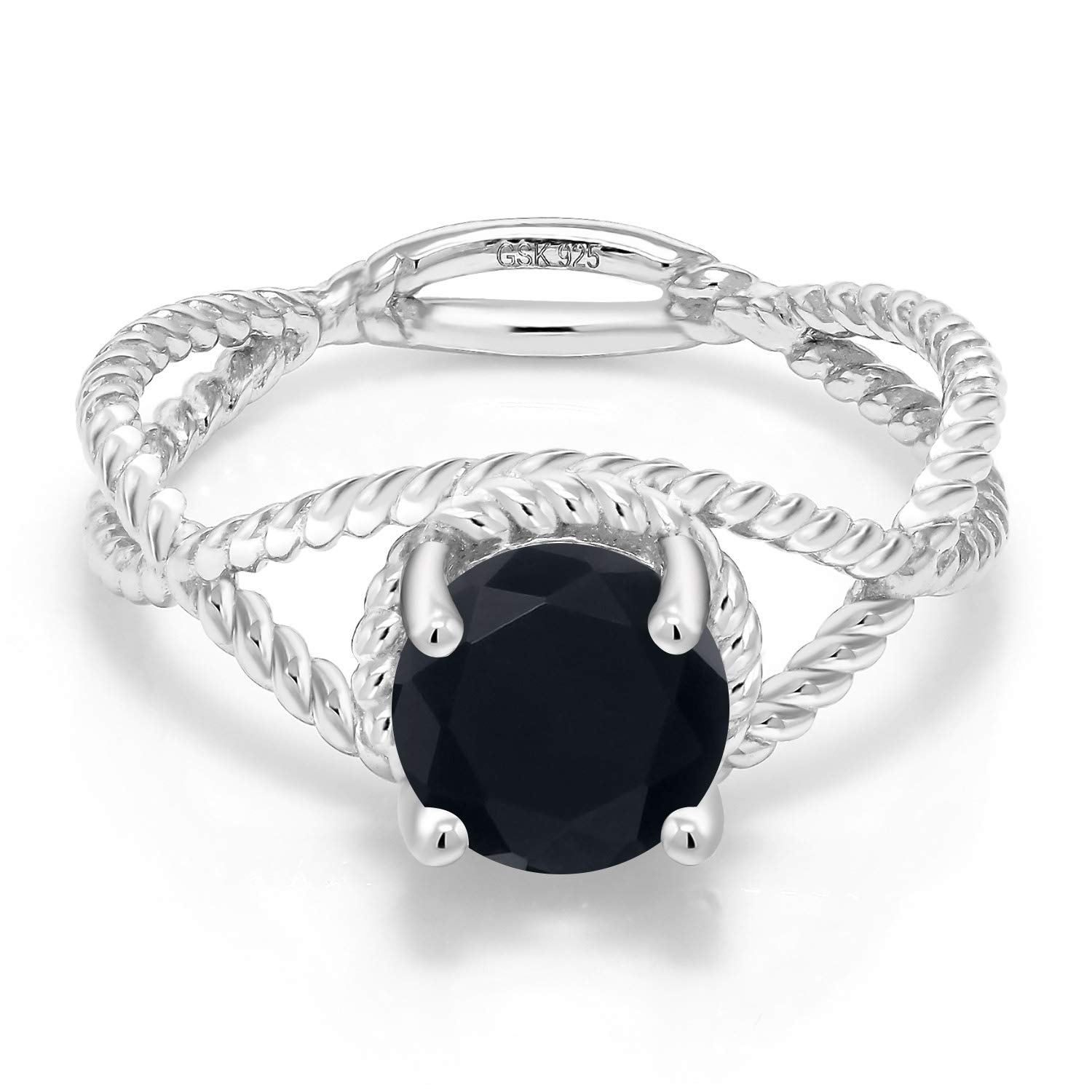 Gem Stone King 925 Sterling Silver Black Onyx Rope Designed Ring For Women (1.28 Cttw, Round 7MM, Gemstone Birthstone, Available In Size 5, 6, 7, 8, 9)