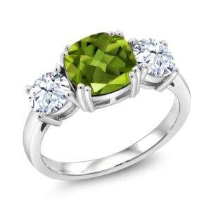 Gem Stone King 925 Sterling Silver Green Peridot and White Zirconia 3 Stone Engagement Ring For Women (3.95 Cttw, Gemstone August Birthstone, Cushion 8MM, Size 9)