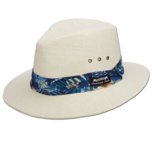 panama jack woven safari hat - matte toyo straw, 2 1/2" brim, tropical print hat band (blue, large)