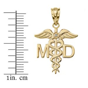 Sideways Crosses 14k Yellow Gold Solitaire Diamond Caduceus MD Charm Medical Doctor Necklace, 22"