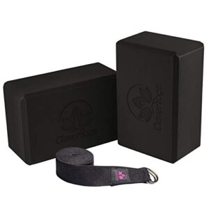 yoga blocks and strap set 2 pack yoga blocks light weight high density foam 4 x 6 x 9 inches and 8 foot thick cotton yoga strap for beginners and advanced yogis supports all poses (black)