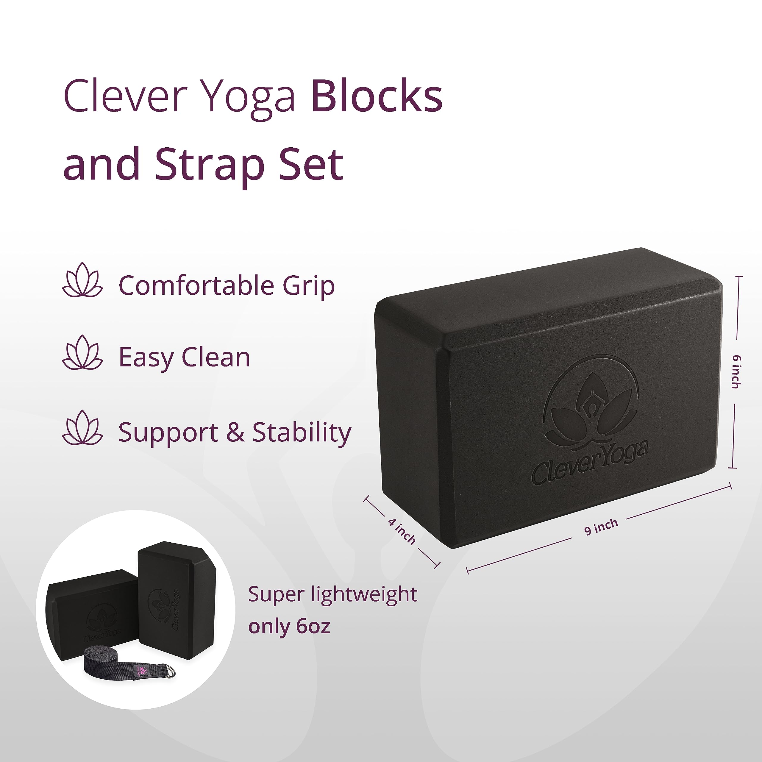 Yoga Blocks and Strap Set 2 Pack Yoga Blocks Light Weight High Density Foam 4 x 6 x 9 Inches and 8 Foot Thick Cotton Yoga Strap for Beginners and Advanced Yogis Supports All Poses (Black)