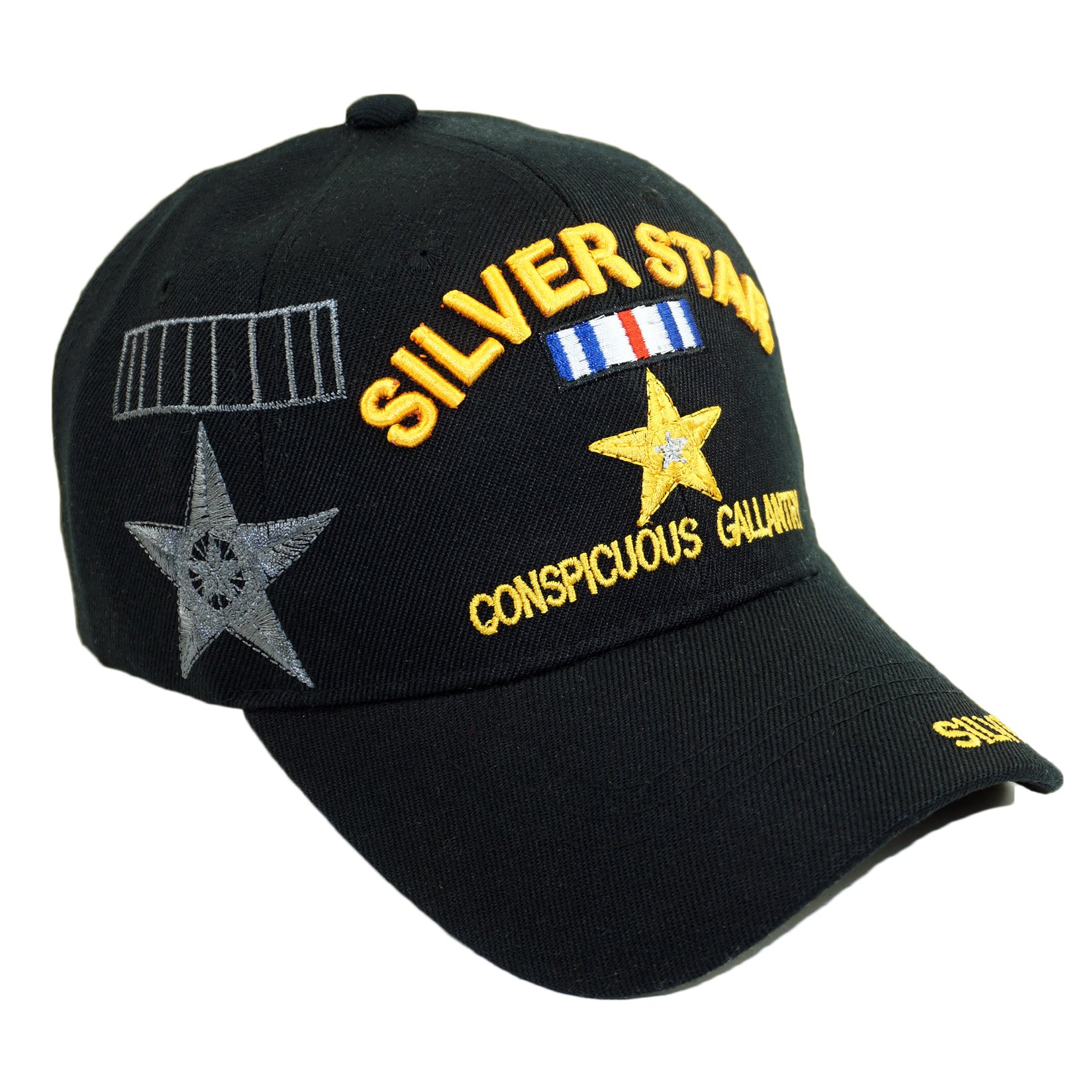 U.S. Military Official Licensed Embroidery Hat Army Navy Veteran Baseball Cap (Silver Star CONSPICUOUS Gallantry-Black)