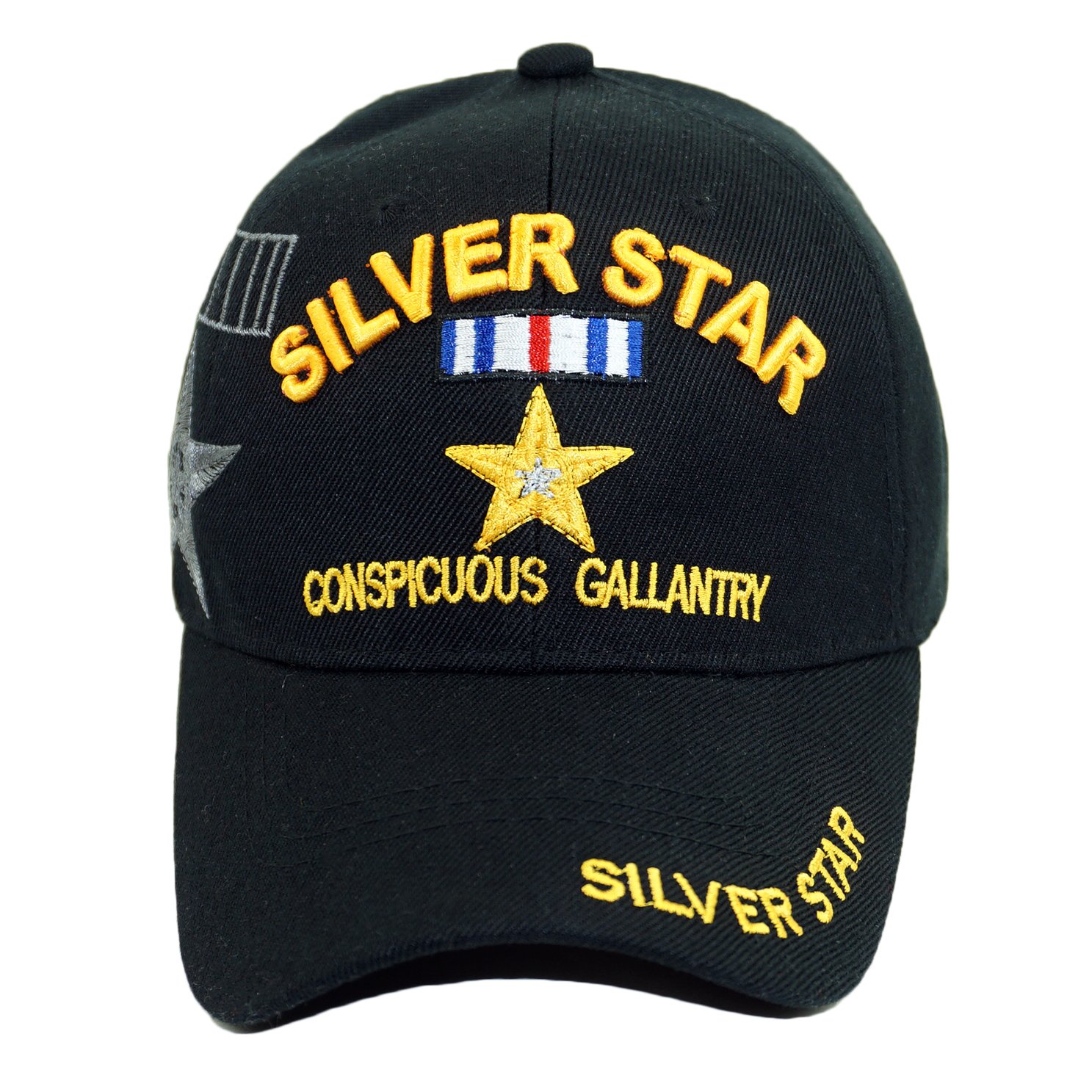 U.S. Military Official Licensed Embroidery Hat Army Navy Veteran Baseball Cap (Silver Star CONSPICUOUS Gallantry-Black)