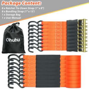 Ratchet Tie Down Strap 8-Pack 15 Ft - 500 lbs Load Cap with 1500 lbs Breaking Limit, Ohuhu Ratchet Tie Downs Logistic Cargo Straps for Moving Appliances, Motorcycle, Orange