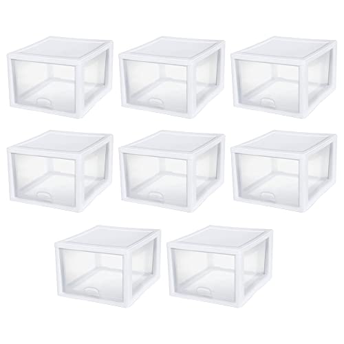 Sterilite 27 Qt Stacking Storage Drawer, Stackable Plastic Bin Drawer to Organize Shoes and Clothes in Home Closet, White with Clear Drawer, 8-Pack