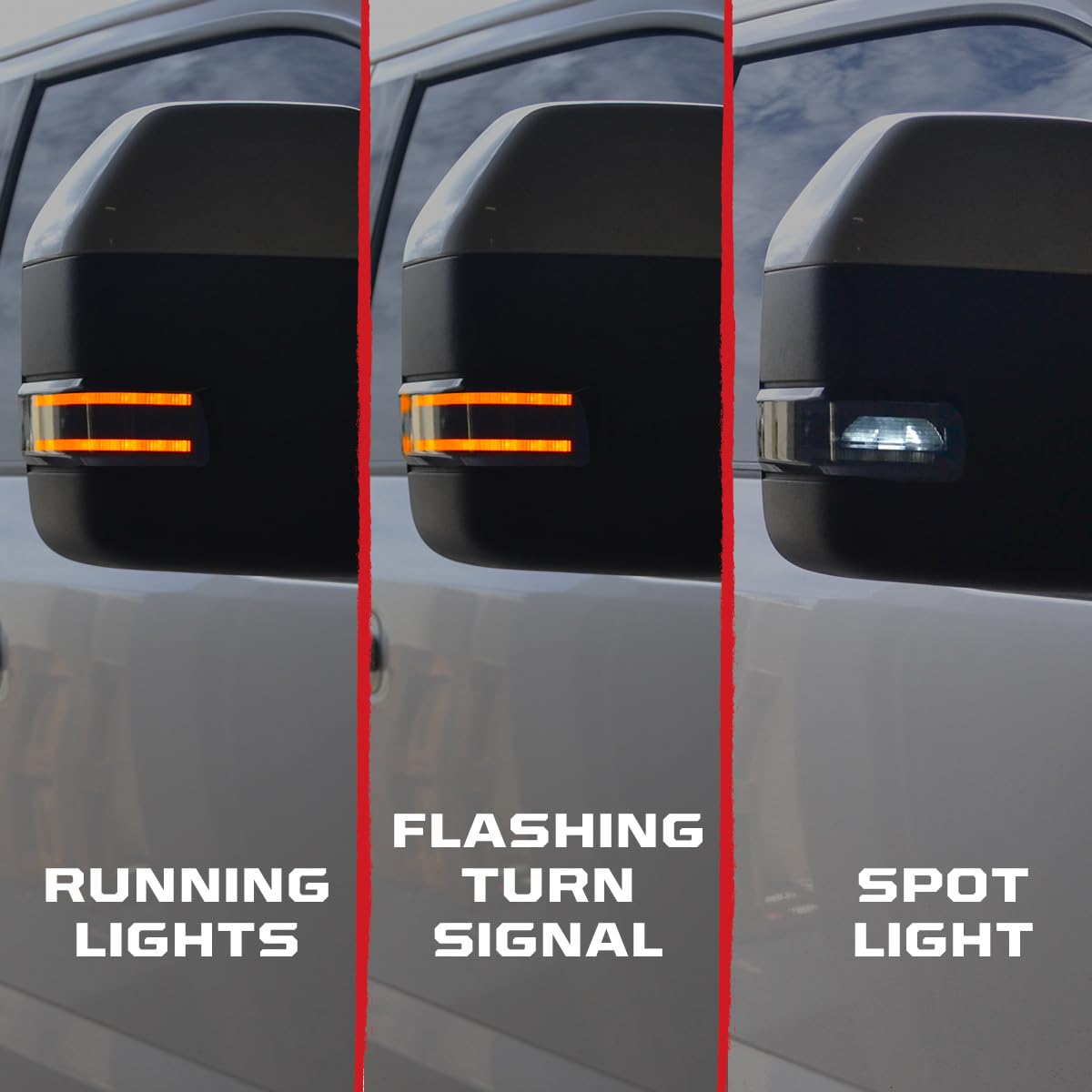 RECON Ford 17-24 Super Duty F250/F350/F450 Side Mirror Lenses (2-Piece Set) w/Amber LED Running Lights, Amber Blinking LED Turn Signals & White LED Spot Lights - Smoked Lens