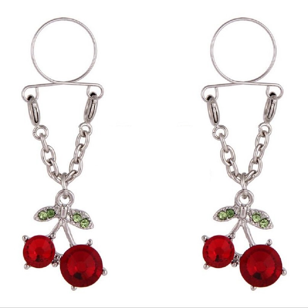 Cherry Non Pierced Clip On Nipple Ring Women Crystal Fake Dangle Adjustable Body Jewelry