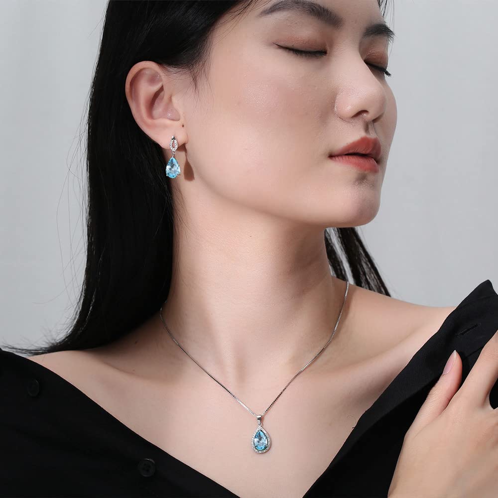 JIANGXIN Sky Blue Aquamarine Gemstone 925 Sterling Silver White Gold Plated Fine Jewelry Set for Women Pendant Necklace Stud Earring