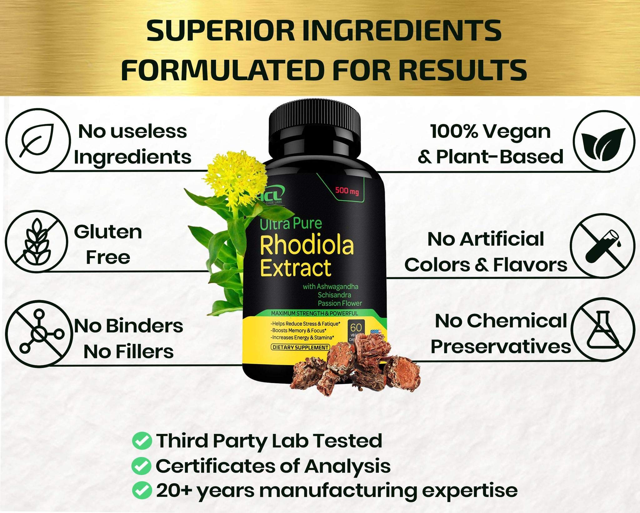 Rhodiola Rosea Supplement High Potency Extract 500mg - 3% Rosavins 1% Salidrosides with Ashwagandha Shisandra Passion Flower Herb Powder Capsules - Natural Way to Relieve Stress - Pills for Energy