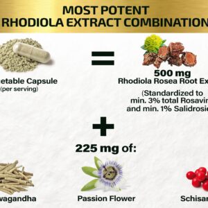 Rhodiola Rosea Supplement High Potency Extract 500mg - 3% Rosavins 1% Salidrosides with Ashwagandha Shisandra Passion Flower Herb Powder Capsules - Natural Way to Relieve Stress - Pills for Energy