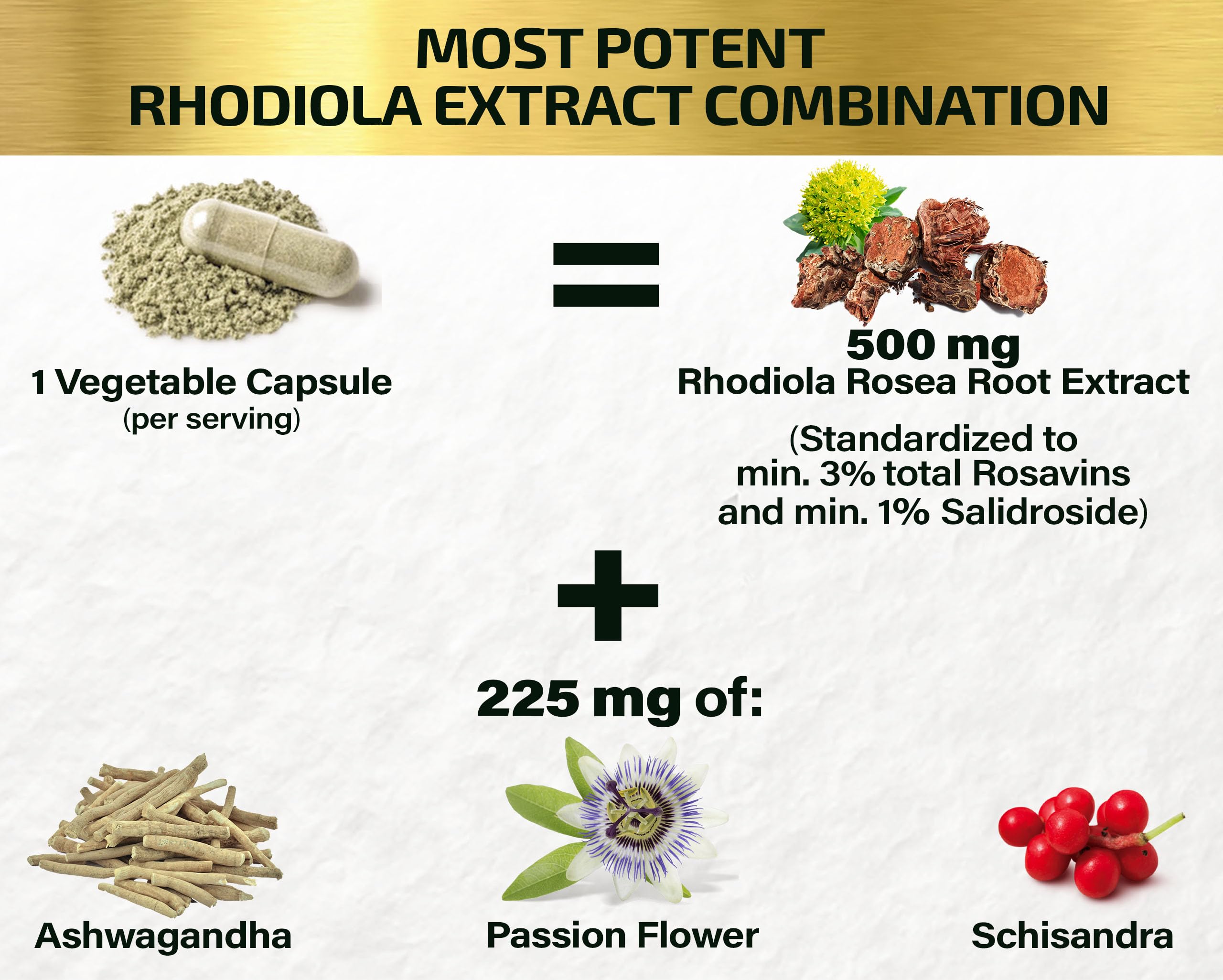 Rhodiola Rosea Supplement High Potency Extract 500mg - 3% Rosavins 1% Salidrosides with Ashwagandha Shisandra Passion Flower Herb Powder Capsules - Natural Way to Relieve Stress - Pills for Energy