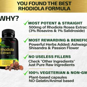 Rhodiola Rosea Supplement High Potency Extract 500mg - 3% Rosavins 1% Salidrosides with Ashwagandha Shisandra Passion Flower Herb Powder Capsules - Natural Way to Relieve Stress - Pills for Energy