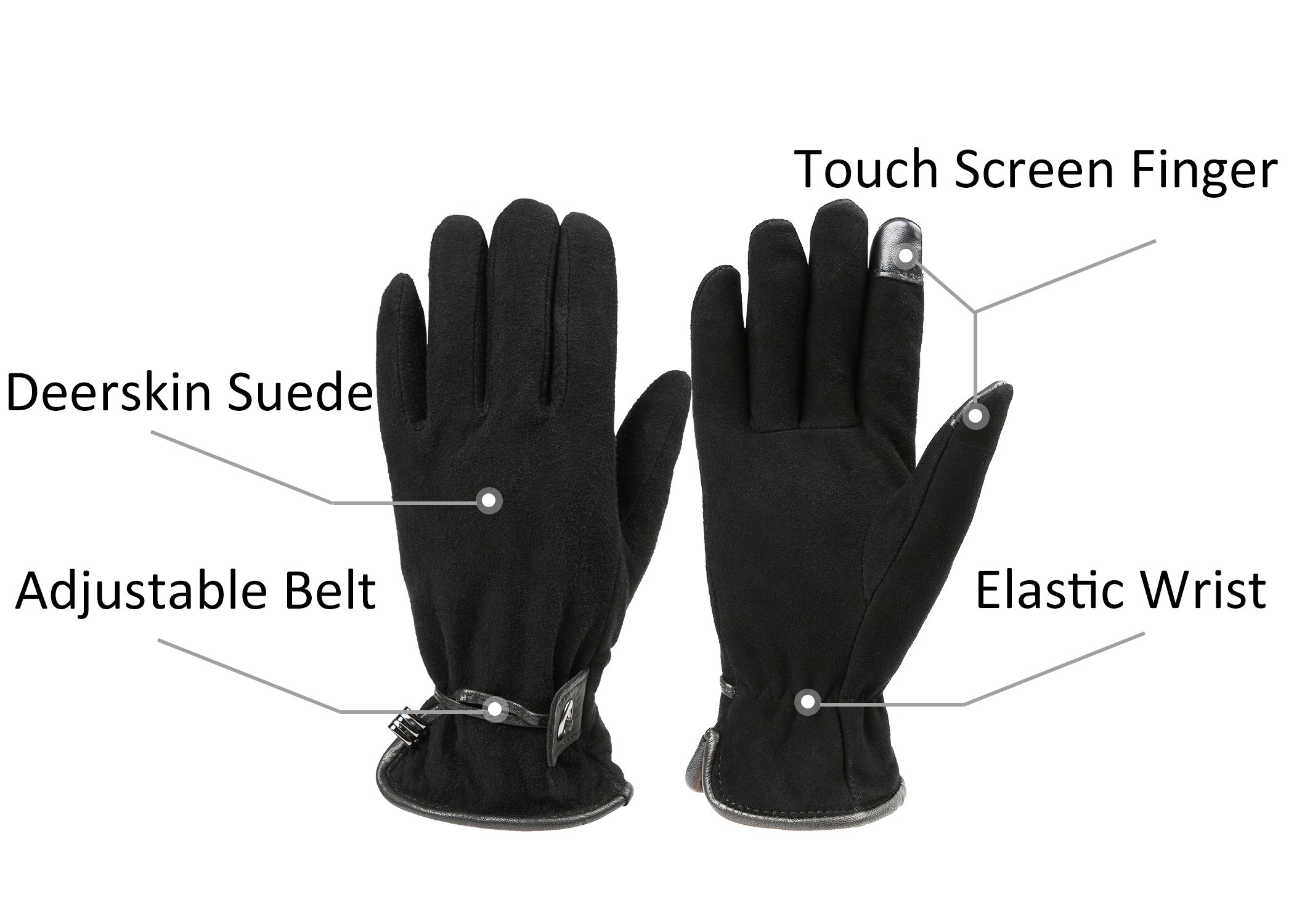 OZERO Winter Gloves for Women Touch Screen Deerskin Suede Leather Thermal Silky Velour Lining Cold Proof Hands Warm Gifts (Black,Medium)