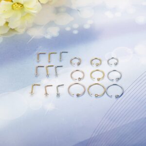 Jstyle 18Pcs Nose Rings Hoop Stainless Steel 20G L Shaped CZ Nose Studs Piercing Ring Hoop Body Jewelry Set