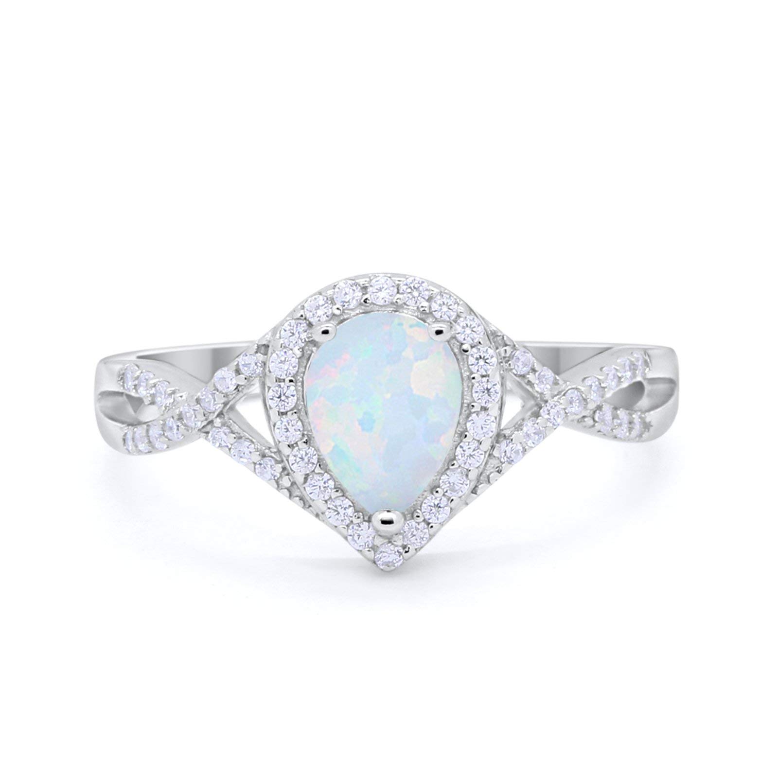 Blue Apple Co. Lab Created White Opal Size-5 Pear Teardrop Halo CZ Twisted Split Shank Promise Ring Statement Wedding Engagement Rings For Women 925 Sterling Silver Gifts For Her