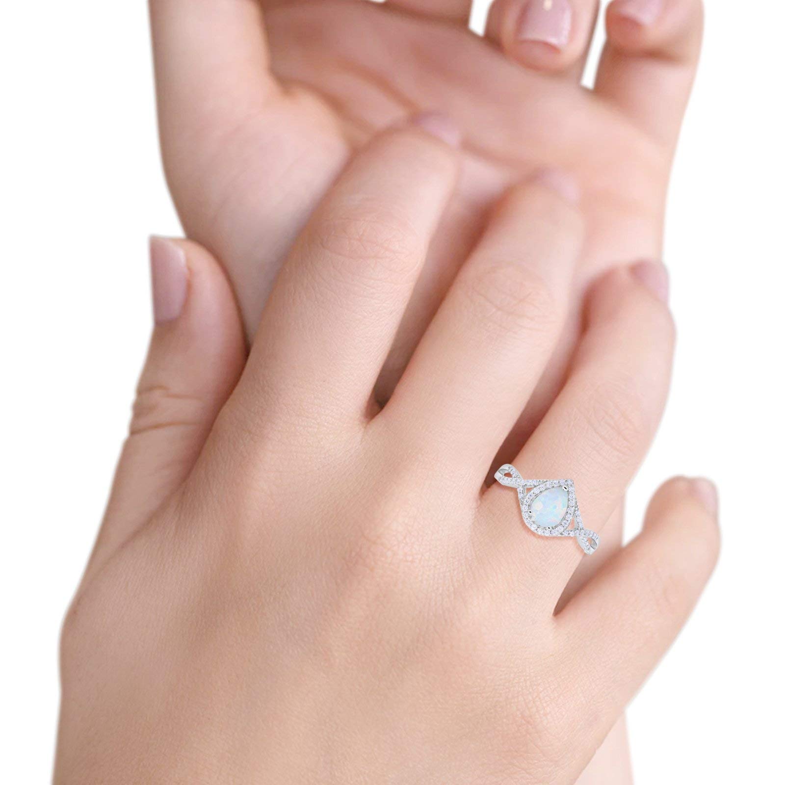 Blue Apple Co. Lab Created White Opal Size-5 Pear Teardrop Halo CZ Twisted Split Shank Promise Ring Statement Wedding Engagement Rings For Women 925 Sterling Silver Gifts For Her