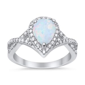 Blue Apple Co. Lab Created White Opal Size-5 Pear Teardrop Halo CZ Twisted Split Shank Promise Ring Statement Wedding Engagement Rings For Women 925 Sterling Silver Gifts For Her