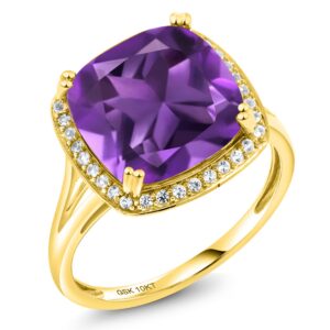 Gem Stone King 10K Yellow Gold Purple Amethyst and White Created Sapphire Ring For Women (6.74 Cttw, Cushion Cut 12MM, Gemstone Birthstone, Available 5,6,7,8,9) (Size 6)