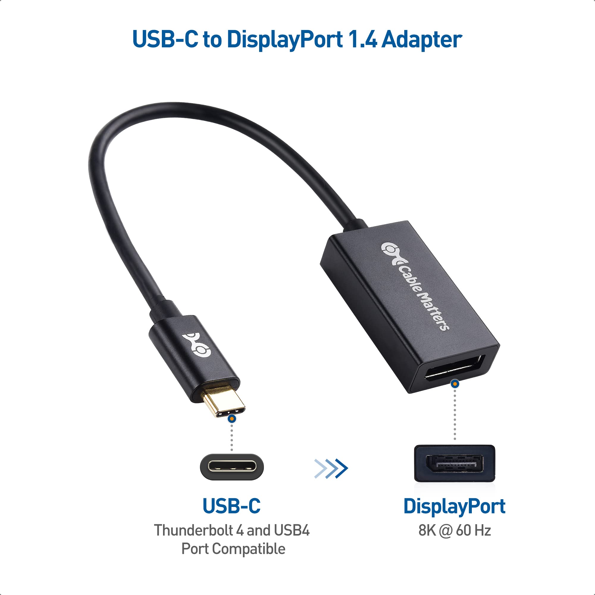 Cable Matters 32.4Gbps USB C to DisplayPort 1.4 Adapter, 4K@240hz, 8K@60hz, and HDR Support -Thunderbolt 4 / USB4 Compatible with Oculus Rift S, iPad Pro, iPhone 15 Pro, MacBook Pro, XPS, Surface