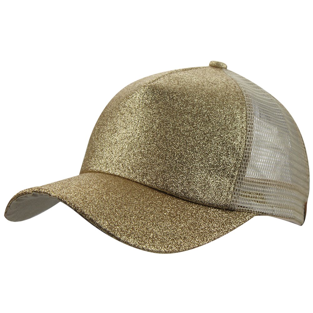 Womens Summer Glitter Messy Bun Mesh High Ponytail Baseball Tennis Sun Hat Cap Gold