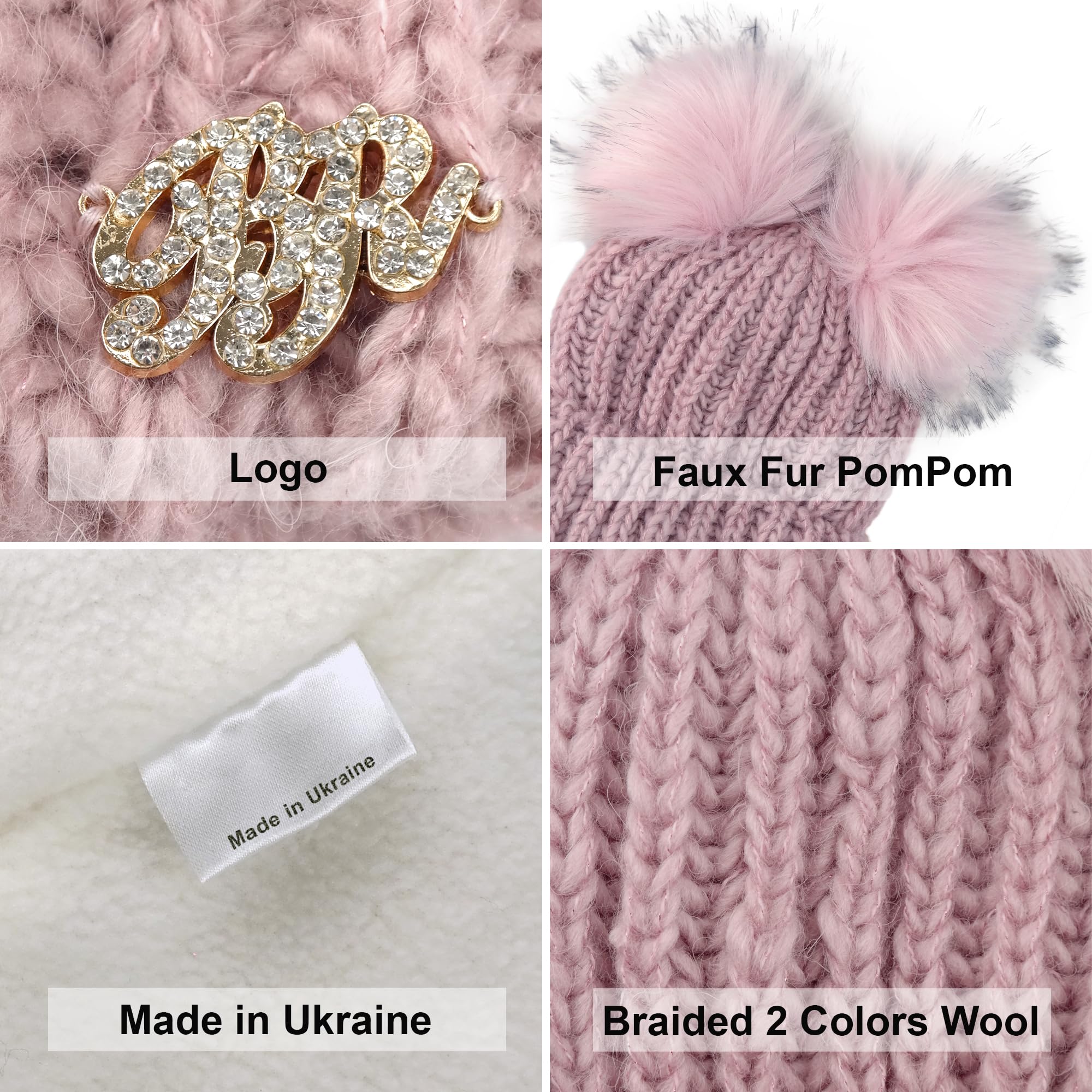 Braxton Beanie Women - 2 Pom Cable Knit Winter Warm Fleece Hat - Wool Snow Cuff Pink Ski Cap