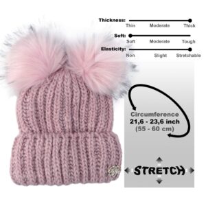 Braxton Beanie Women - 2 Pom Cable Knit Winter Warm Fleece Hat - Wool Snow Cuff Pink Ski Cap