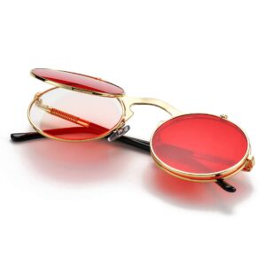 COASION Red Round Flip Up Sunglasses for Men Women Juniors Circle Steampunk Costume Glasses (Gold Frame/Red Lens)