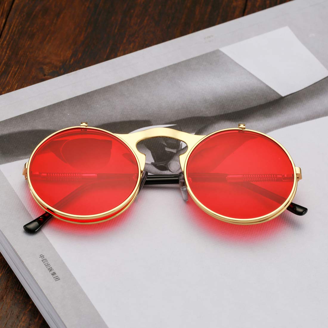 COASION Red Round Flip Up Sunglasses for Men Women Juniors Circle Steampunk Costume Glasses (Gold Frame/Red Lens)