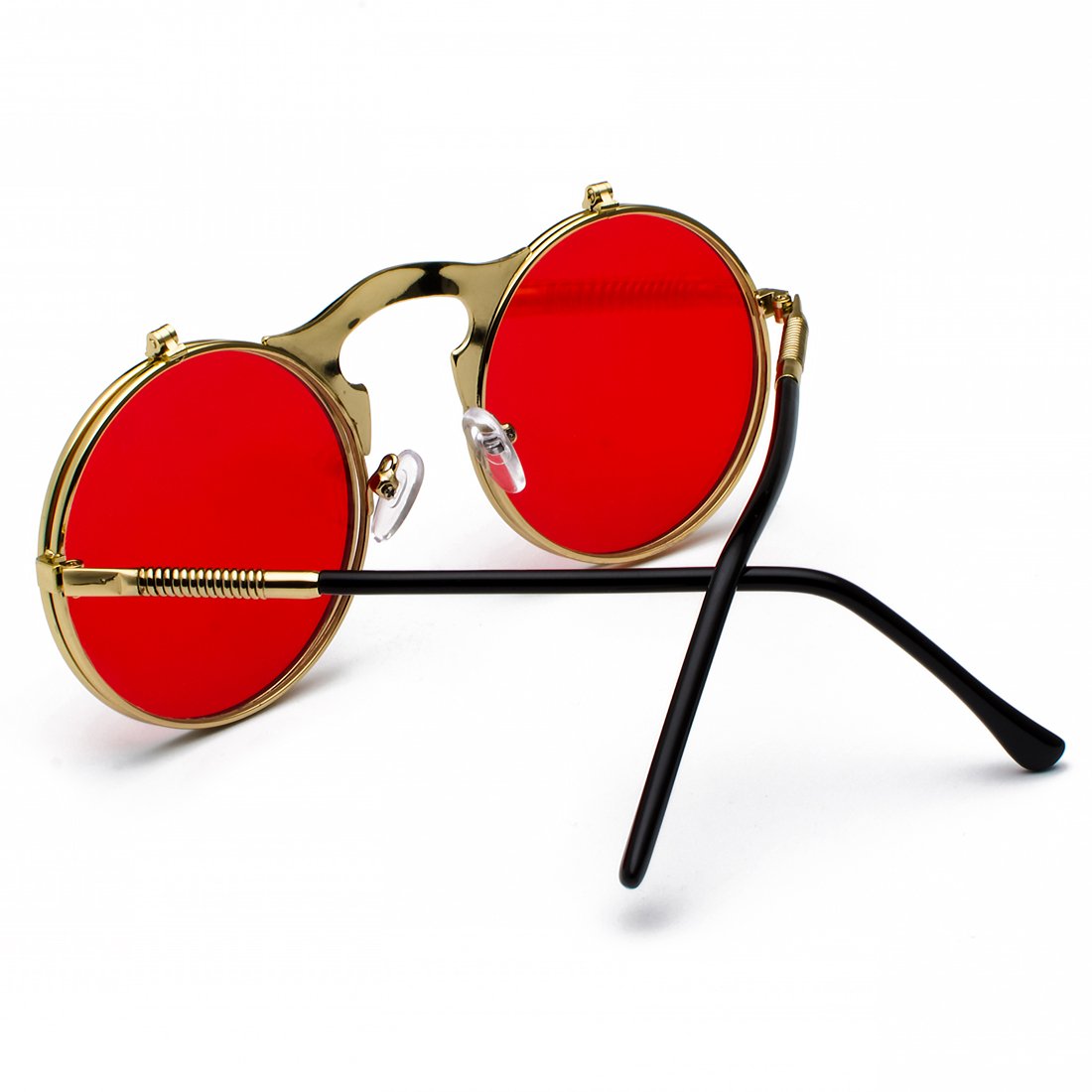 COASION Red Round Flip Up Sunglasses for Men Women Juniors Circle Steampunk Costume Glasses (Gold Frame/Red Lens)