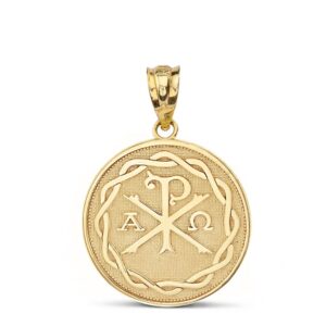 religious jewelry 10k yellow gold chi rho alpha omega symbol medallion round pendant