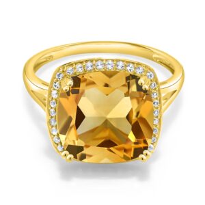 gem stone king 10k yellow gold yellow citrine & white created sapphire ring for women | 6.09 cttw | cushion cut 12mm | gemstone birthstone | ring size 5-9