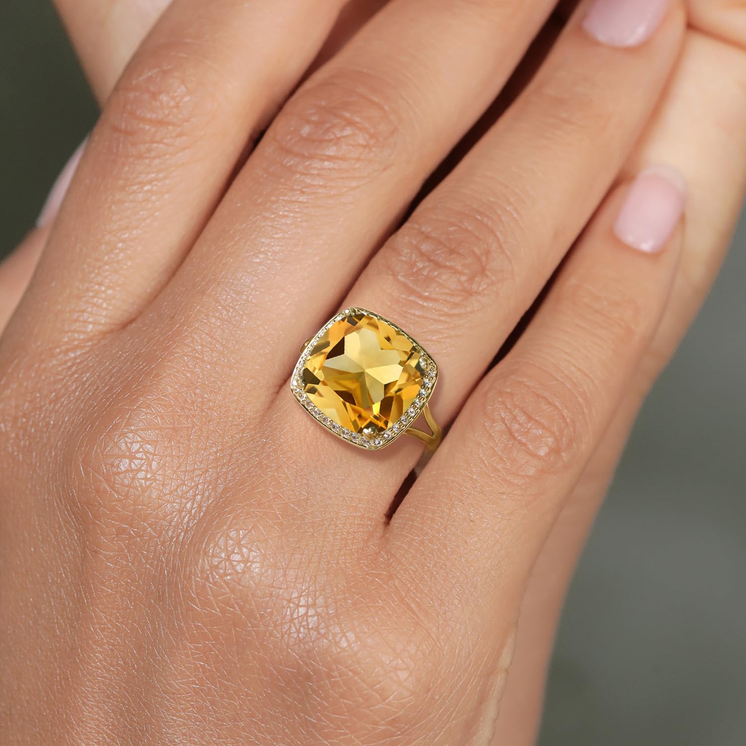 Gem Stone King 10K Yellow Gold Yellow Citrine & White Created Sapphire Ring For Women | 6.09 Cttw | Cushion Cut 12MM | Gemstone Birthstone | Ring Size 5-9