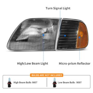 DWVO Headlight Assembly Compatible with 1997-2003 Ford F-150 Pickup/1997-2002 Ford Expedition Headlamp with Corner Light Black Housing Amber Reflector