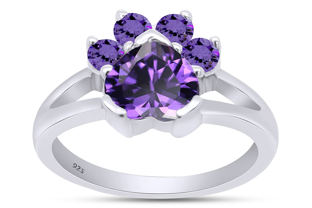 Wishrocks Heart & Round Cut Simulated Amethyst Paw Print Ring Jewelry For Women In 14k White Gold Over Sterling Silver Ring Size- 14