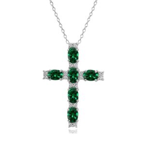 B. BRILLIANT Sterling Silver Simulated Emerald Oval-Cut Large Cross Necklace for Women